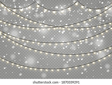 Christmas lights isolated realistic design elements. Glowing lights for Xmas Holiday cards, banners, posters, web design. Garlands decorations. Led neon lamp
