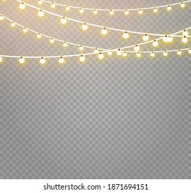 Christmas lights isolated realistic design elements. Glowing lights for Xmas Holiday cards, banners, posters, web design. Garlands decorations. Led neon lamp