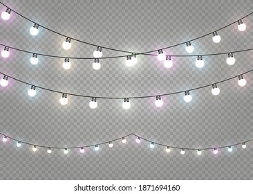 Christmas lights isolated realistic design elements. Glowing lights for Xmas Holiday cards, banners, posters, web design. Garlands decorations. Led neon lamp