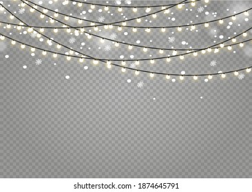 Christmas lights isolated realistic design elements. Glowing lights for Xmas Holiday cards, banners, posters, web design. Garlands decorations. Led neon lamp