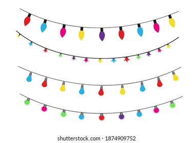 Christmas lights isolated realistic design elements. Glowing lights for Xmas Holiday cards, banners, posters, web design. Garlands decorations. Led neon lamp