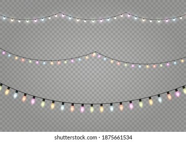Christmas lights isolated realistic design elements. Glowing lights for Xmas Holiday cards, banners, posters, web design. Garlands decorations. Led neon lamp