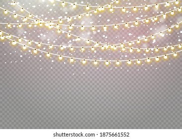 Christmas lights isolated realistic design elements. Glowing lights for Xmas Holiday cards, banners, posters, web design. Garlands decorations. Led neon lamp
