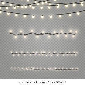 Christmas lights isolated realistic design elements. Glowing lights for Xmas Holiday cards, banners, posters, web design. Garlands decorations. Led neon lamp