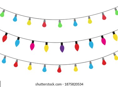 Christmas lights isolated realistic design elements. Glowing lights for Xmas Holiday cards, banners, posters, web design. Garlands decorations. Led neon lamp