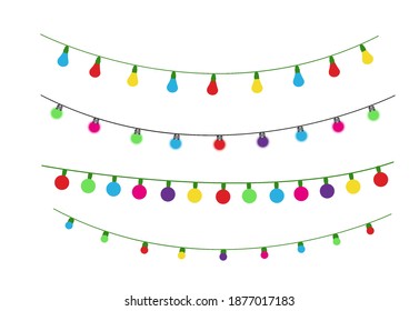 Christmas lights isolated realistic design elements. Glowing lights for Xmas Holiday cards, banners, posters, web design. Garlands decorations. Led neon lamp
