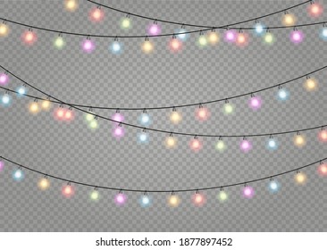 Christmas lights isolated realistic design elements. Glowing lights for Xmas Holiday cards, banners, posters, web design. Garlands decorations. Led neon lamp