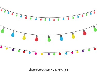 Christmas lights isolated realistic design elements. Glowing lights for Xmas Holiday cards, banners, posters, web design. Garlands decorations. Led neon lamp