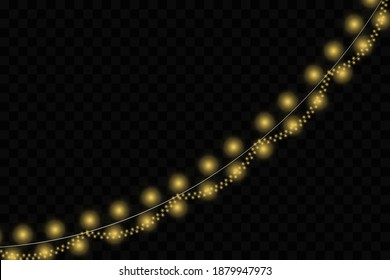 Christmas lights isolated realistic design elements. Glowing lights for Xmas Holiday cards, banners, posters, web design. Garlands decorations.