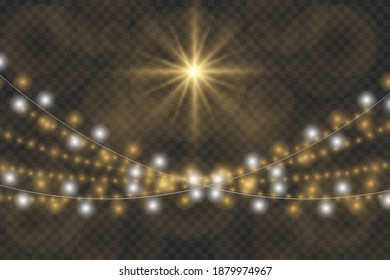 Christmas lights isolated realistic design elements. Glowing lights for Xmas Holiday cards, banners, posters, web design. Garlands decorations.