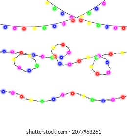 Christmas lights isolated realistic design elements. Glowing garlands. Vector illustration.