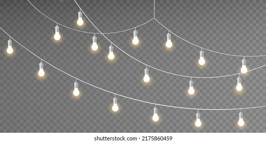 Christmas lights isolated realistic design elements. Glowing lights for Christmas holiday cards, banners, posters, web design. Garland decorations. LED neon lamps