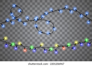 Christmas lights isolated realistic design elements. Glowing lights for Xmas Holiday cards, banners, posters, web design. Garlands decorations. Vector illustration.