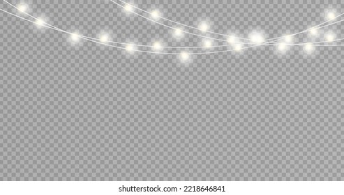 Christmas lights isolated realistic design elements. Glowing lights for Xmas Holiday cards, banners, posters, web design. Stock royalty free vector illustration. PNG