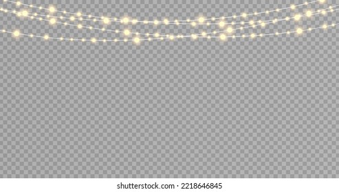 Christmas lights isolated realistic design elements. Glowing lights for Xmas Holiday cards, banners, posters, web design. Stock royalty free vector illustration. PNG