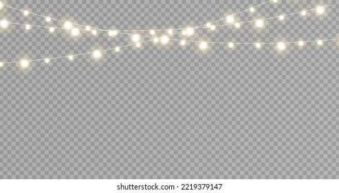 Christmas lights isolated realistic design elements. Glowing lights for Xmas Holiday cards, banners, posters, web design. Stock royalty free vector illustration. PNG