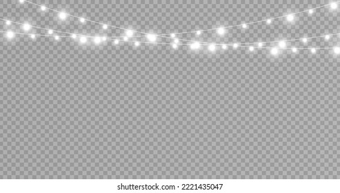 Christmas lights isolated realistic design elements. Glowing lights for Xmas Holiday cards, banners, posters, web design. Stock royalty free vector illustration. PNG