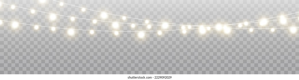 Christmas lights isolated realistic design elements. Glowing lights for Xmas Holiday cards, banners, posters, web design. Stock royalty free vector illustration. PNG	