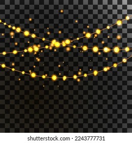 Christmas lights isolated realistic design elements. Xmas glowing lights. Christmas decorations garlands on card. 