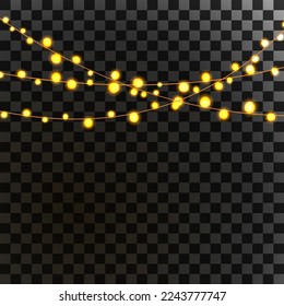 Christmas lights isolated realistic design elements. Xmas glowing lights. Christmas decorations garlands on card. 