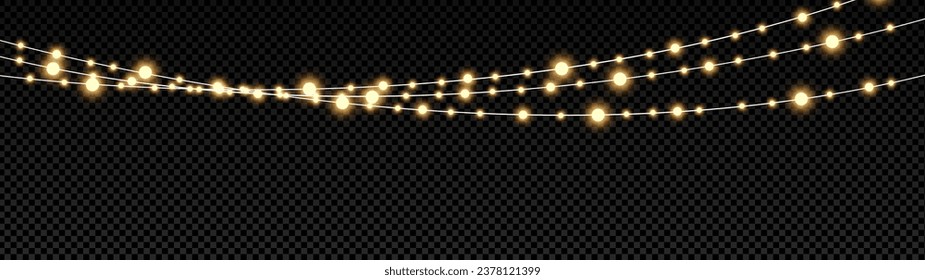 Christmas lights isolated realistic design elements. Glowing lights for Xmas Holiday cards, banners, posters, web design. Stock royalty free vector illustration. PNG	