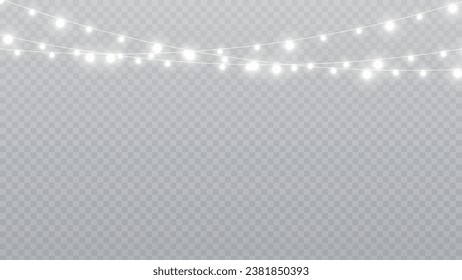 Christmas lights isolated realistic design elements. Glowing lights for Xmas Holiday cards, banners, posters, web design. Garlands decorations. Led neon lamp. PNG