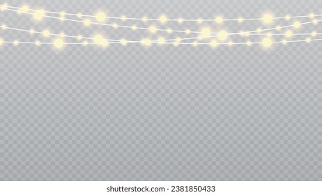 Christmas lights isolated realistic design elements. Glowing lights for Xmas Holiday cards, banners, posters, web design. Garlands decorations. Led neon lamp. PNG