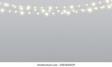 Christmas lights isolated realistic design elements. Glowing lights for Xmas Holiday cards, banners, posters, web design. Garlands decorations. Led neon lamp. PNG