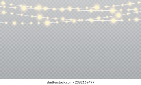 Christmas lights isolated realistic design elements. Glowing lights for Xmas Holiday cards, banners, posters, web design. Garlands decorations. Led neon lamp. PNG