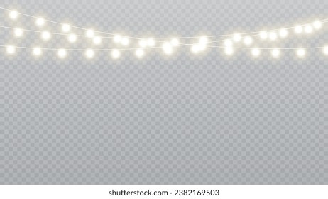 Christmas lights isolated realistic design elements. Glowing lights for Xmas Holiday cards, banners, posters, web design. Garlands decorations. Led neon lamp. PNG