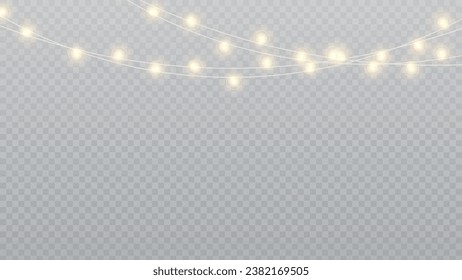 Christmas lights isolated realistic design elements. Glowing lights for Xmas Holiday cards, banners, posters, web design. Garlands decorations. Led neon lamp. PNG