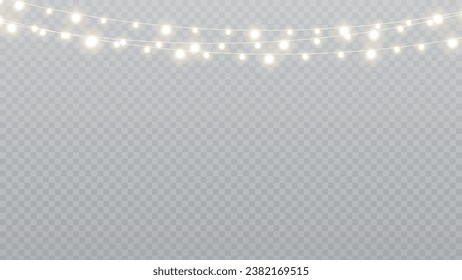 Christmas lights isolated realistic design elements. Glowing lights for Xmas Holiday cards, banners, posters, web design. Garlands decorations. Led neon lamp. PNG