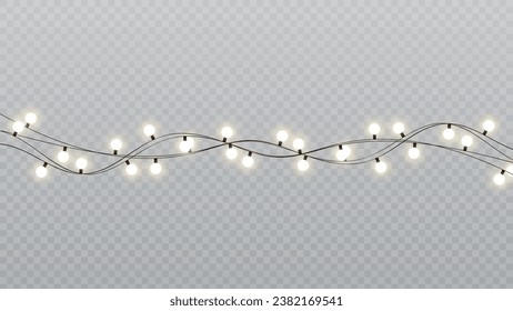 Christmas lights isolated realistic design elements. Glowing lights for Xmas Holiday cards, banners, posters, web design. Garlands decorations. Led neon lamp. PNG