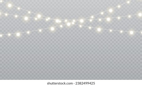 Christmas lights isolated realistic design elements. Glowing lights for Xmas Holiday cards, banners, posters, web design. Garlands decorations. Led neon lamp. PNG