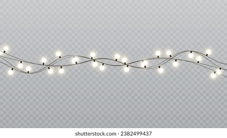 Christmas lights isolated realistic design elements. Glowing lights for Xmas Holiday cards, banners, posters, web design. Garlands decorations. Led neon lamp. PNG