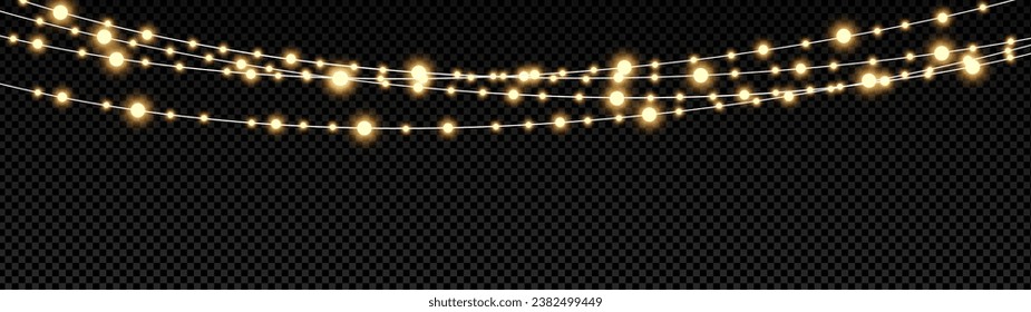 Christmas lights isolated realistic design elements. Glowing lights for Xmas Holiday cards, banners, posters, web design. Garlands decorations. Led neon lamp. PNG