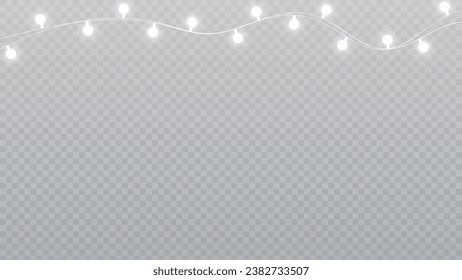 Christmas lights isolated realistic design elements. Glowing lights for Xmas Holiday cards, banners, posters, web design. Garlands decorations. Led neon lamp. PNG