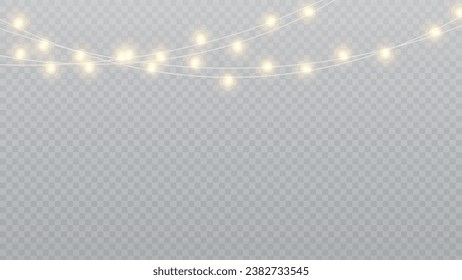 Christmas lights isolated realistic design elements. Glowing lights for Xmas Holiday cards, banners, posters, web design. Garlands decorations. Led neon lamp. PNG