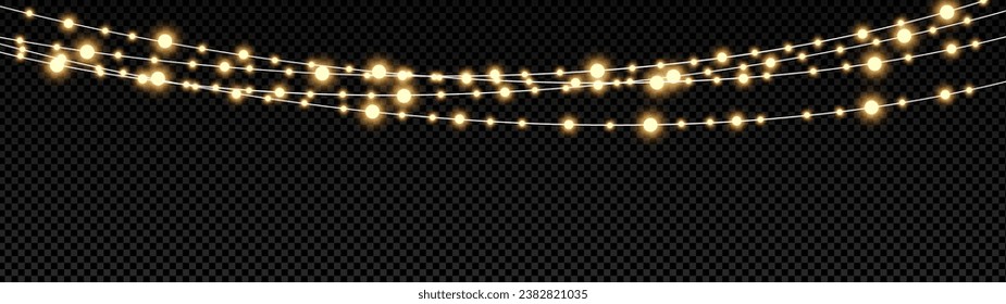 Christmas lights isolated realistic design elements. Glowing lights for Xmas Holiday cards, banners, posters, web design. Garlands decorations. Led neon lamp. PNG