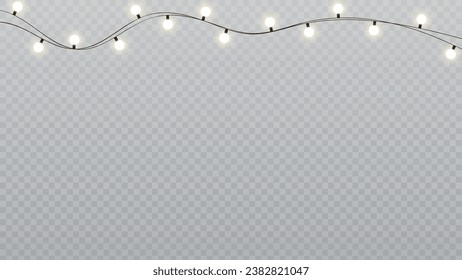 Christmas lights isolated realistic design elements. Glowing lights for Xmas Holiday cards, banners, posters, web design. Garlands decorations. Led neon lamp. PNG