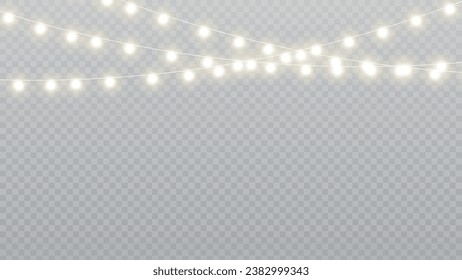 Christmas lights isolated realistic design elements. Glowing lights for Xmas Holiday cards, banners, posters, web design. Garlands decorations. Led neon lamp. PNG