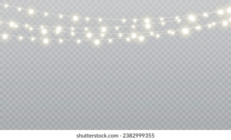 Christmas lights isolated realistic design elements. Glowing lights for Xmas Holiday cards, banners, posters, web design. Garlands decorations. Led neon lamp. PNG