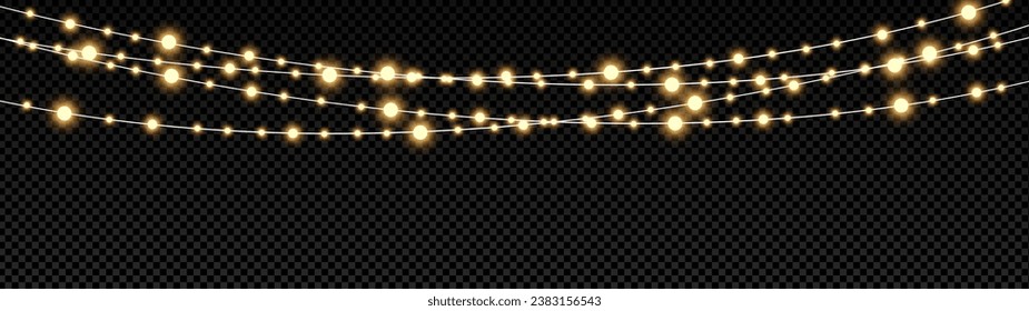 Christmas lights isolated realistic design elements. Glowing lights for Xmas Holiday cards, banners, posters, web design. Garlands decorations. Led neon lamp. PNG