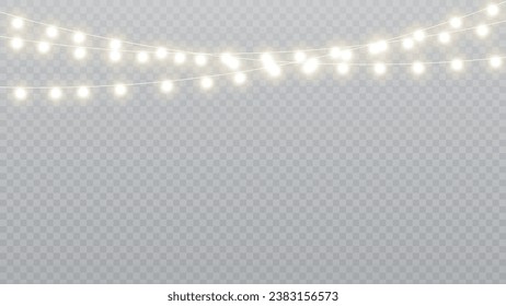 Christmas lights isolated realistic design elements. Glowing lights for Xmas Holiday cards, banners, posters, web design. Garlands decorations. Led neon lamp. PNG