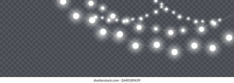 Christmas lights isolated realistic design elements. Glowing lights for Xmas Holiday cards, banners, posters, web design.