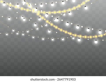 Christmas lights isolated realistic design elements. Glowing lights for Xmas Holiday cards, banners, posters, web design. Garlands decorations.