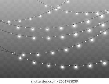 Christmas lights isolated realistic design elements. Glowing lights for Xmas Holiday cards, banners, posters, web design. Garlands decorations.