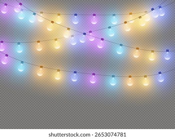 Christmas lights isolated realistic design elements. Glowing lights for Xmas Holiday cards, banners, posters, web design. Garlands decorations.