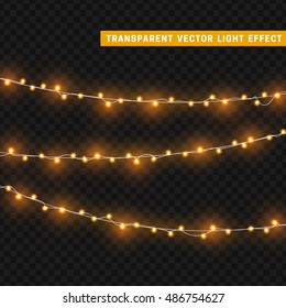 Christmas lights isolated realistic design elements. Glowing lights for Xmas Holiday greeting card design. Garlands, Christmas decorations. 