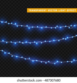 Christmas lights isolated realistic design elements. Glowing lights for Xmas Holiday greeting card design. Garlands, Christmas decorations.